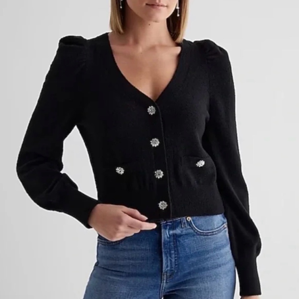 Express puffy sleeved Black Cardigan Sweater with rhinestone Buttons size medium